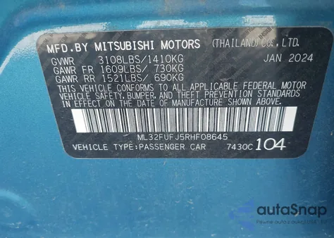 2024 Mitsubishi Mirage G4 Es из США, поврежденный, VIN ML32FUFJ5RHF08645